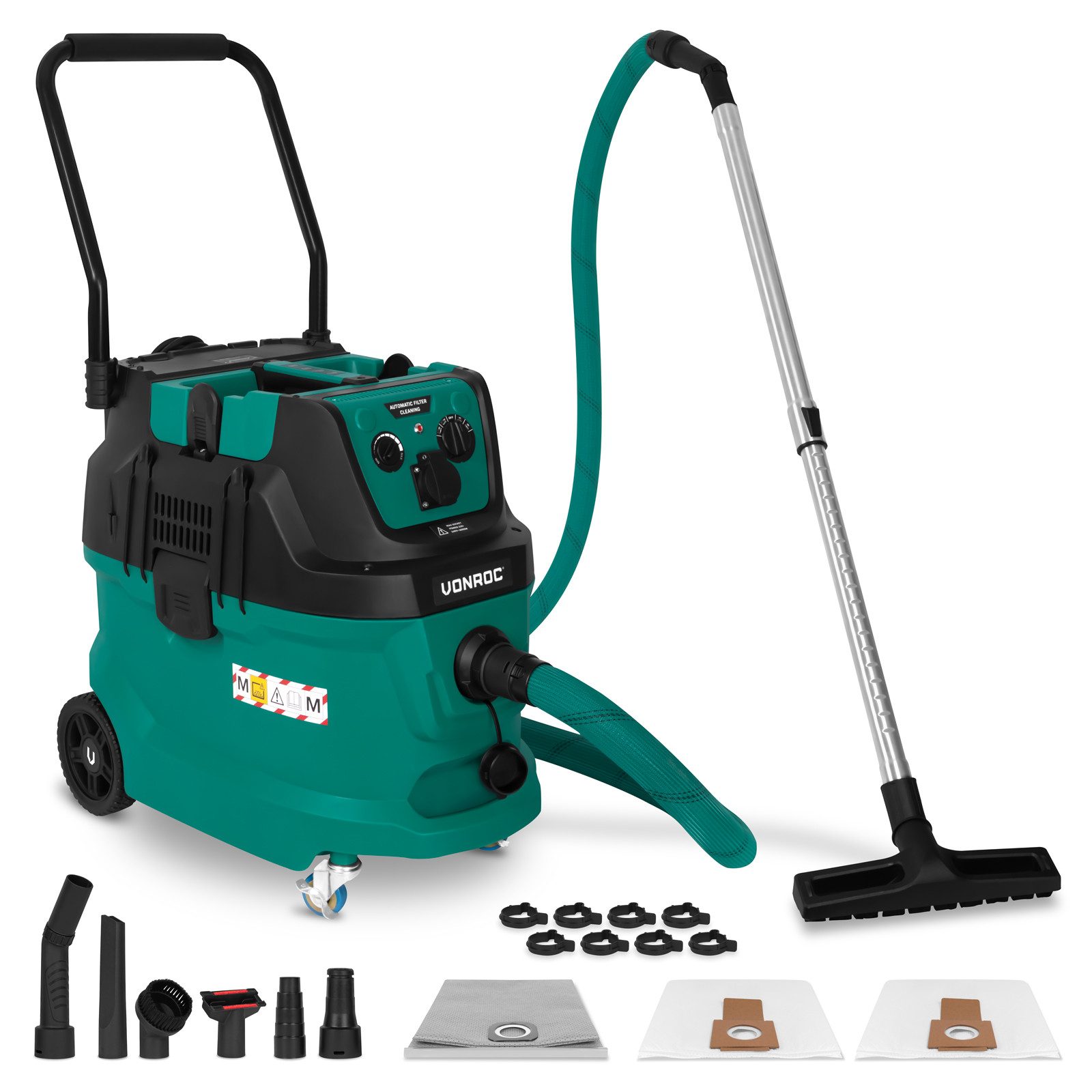 VONROC Nass-Trocken-Sauger – M-Klasse – 22 kPa – Automatische Filterreinigung (Pulsfunktion), 1600 W, beutellos, – HEPA H14 – 40L Tank – Antistatischer Schlauch Ø35 mm