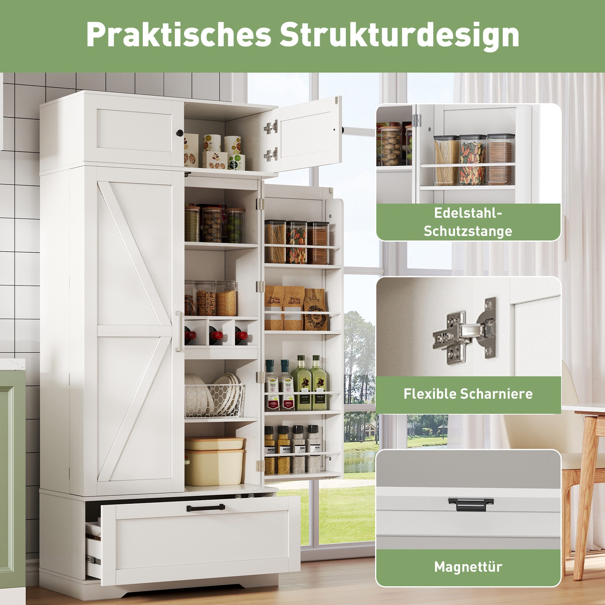 Odikalo Sideboard Küchenschrank Küchenbuffet Hochschrank Weiss (80×40×180cm großer,freistehender Küchenaufbewahrungsschrank mit verstellbaren Einlegeböden,Schub – Bild 5 von 5