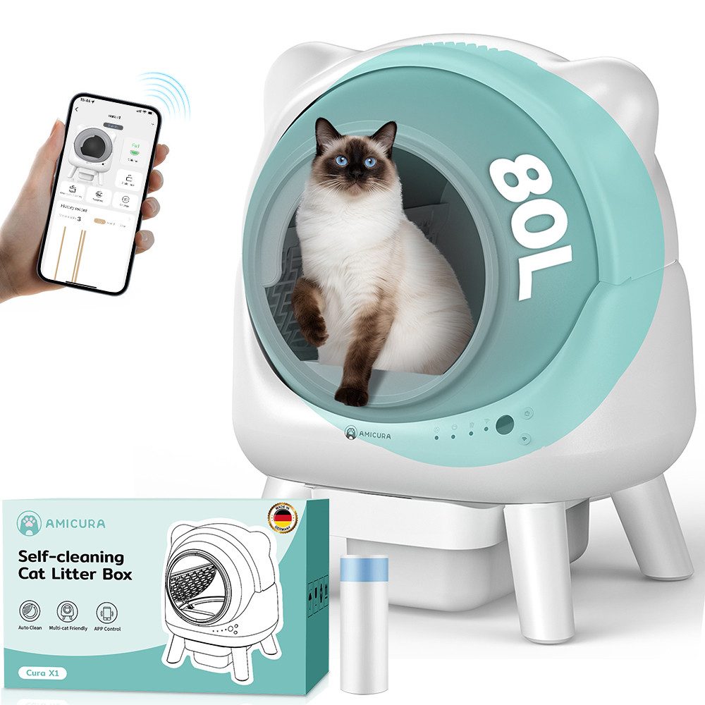 AmiCura Katzenecktoilette 2025 Selbstreinigendes Katzenklo mit App 80L Sensor, 80L+8L Große,32 dB,Geruchsbeseitigung,sicher,für Mehrere Katzen