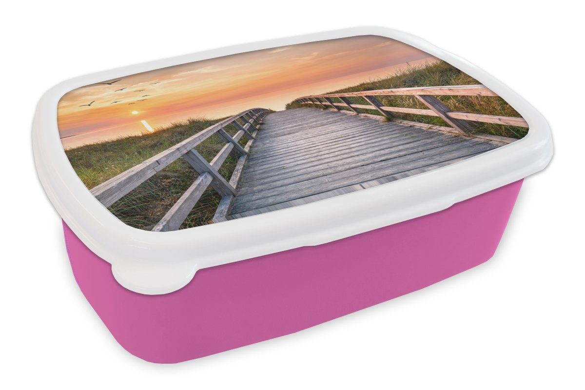 MuchoWow Lunchbox Sonnenuntergang - Meer - Weg - Gras - Düne - Vögel, Kunststoff, (2-tlg), Brotbox für Erwachsene, Brotdose Kinder, Snackbox, Mädchen, Kunststoff rosa
