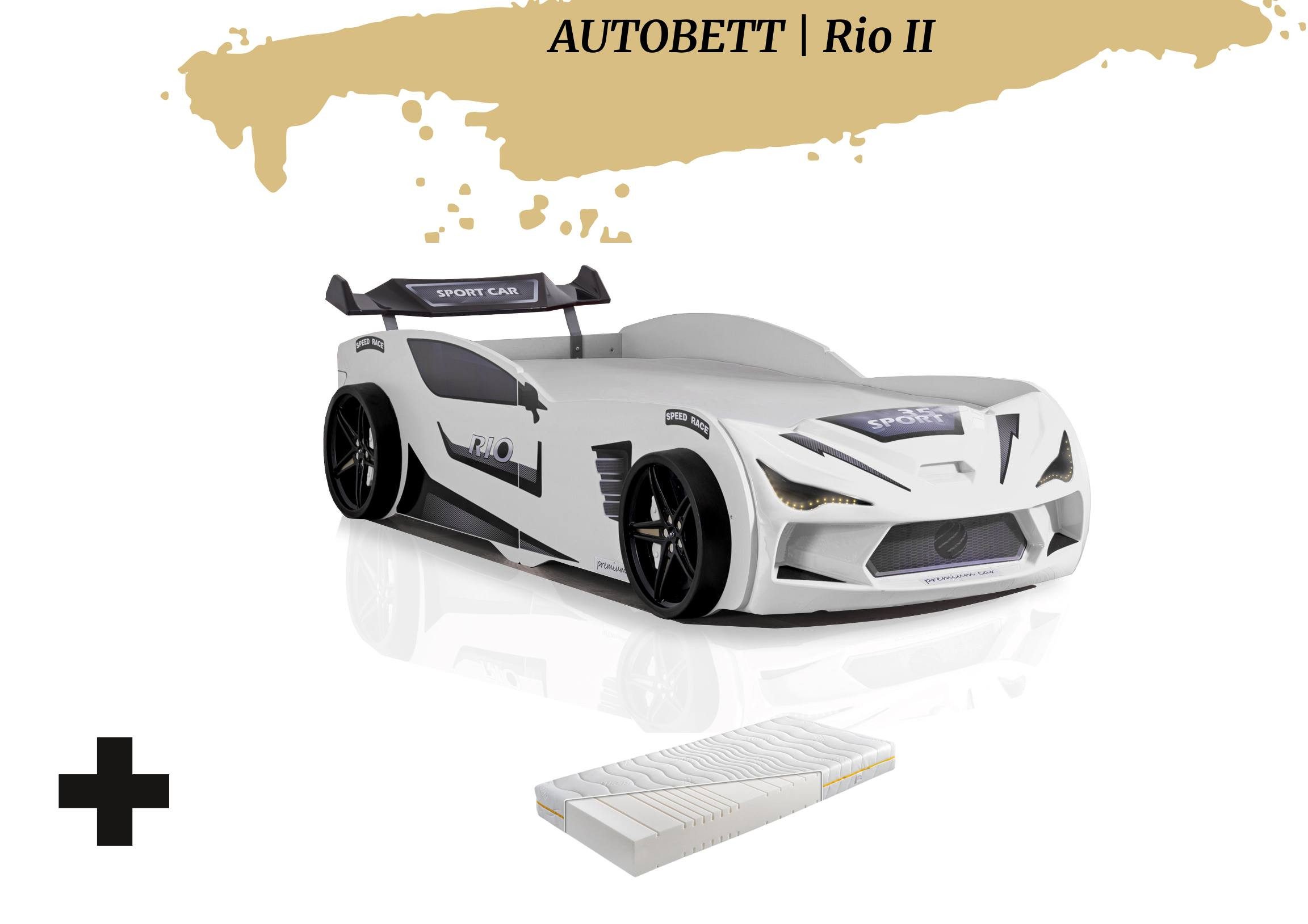 Aileenstore Autobett Rio II (2 teilig), Kinderbett 90 x 200 cm, inkl. Lattenrost, Heckspoiler LED-Beleuchtung