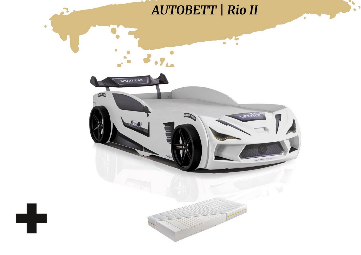 Aileenstore Autobett Rio II (2 teilig), Kinderbett 90 x 200 cm, inkl. Lattenrost, Heckspoiler LED-Beleuchtung