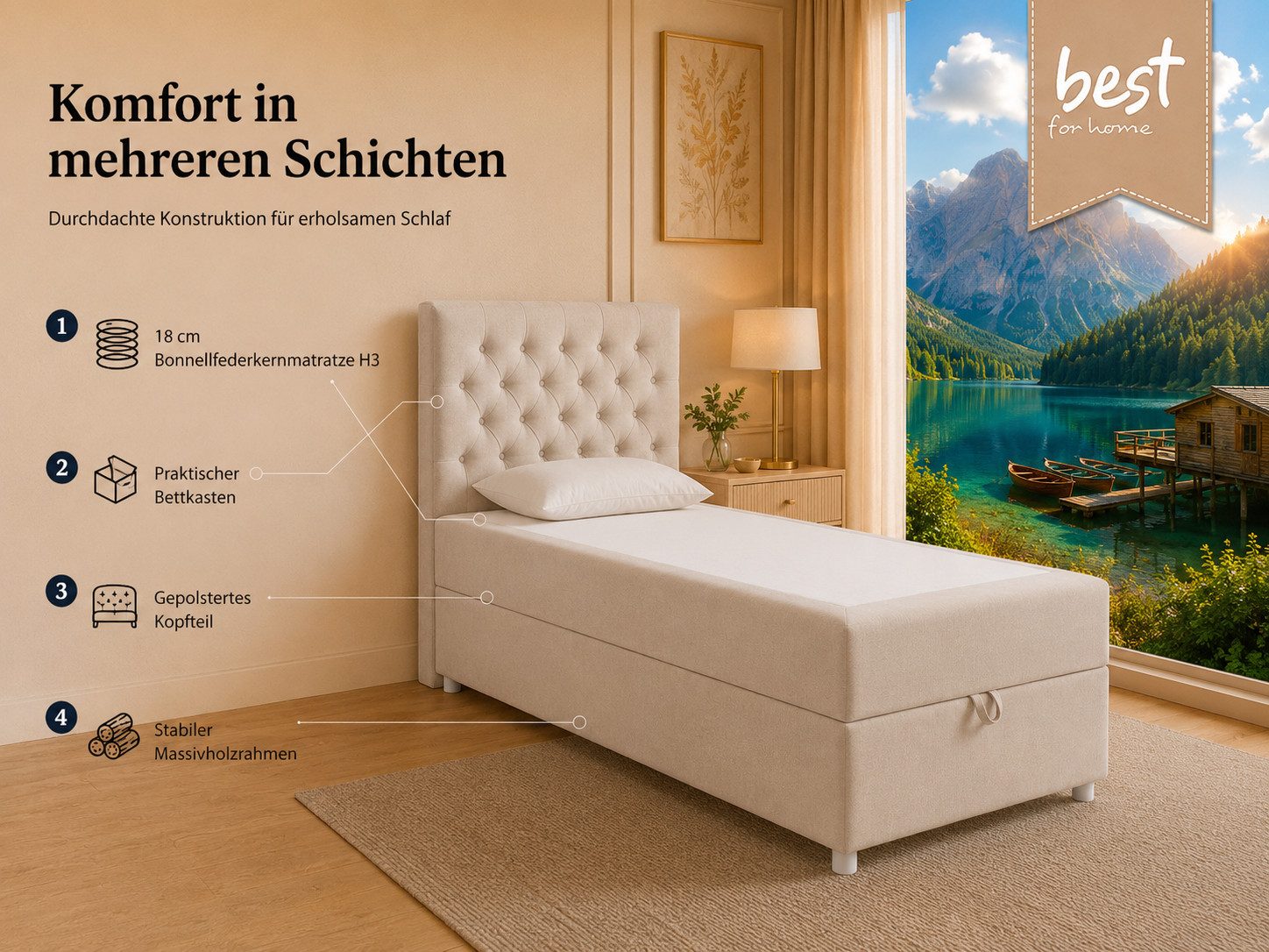 Best for Home Boxspringbett Trinity K-14 Boxspringbett mit Bettkasten & Bonnell-Federkern (Einzelbett, Polsterbett gepolstertes Kopfteil, Jugendbett, Kinderbett, 3-St., 70x200 80x200 90x200 100x200 cm), Handwerksqualität, TOP Preis-Leistungs-Verhältnis