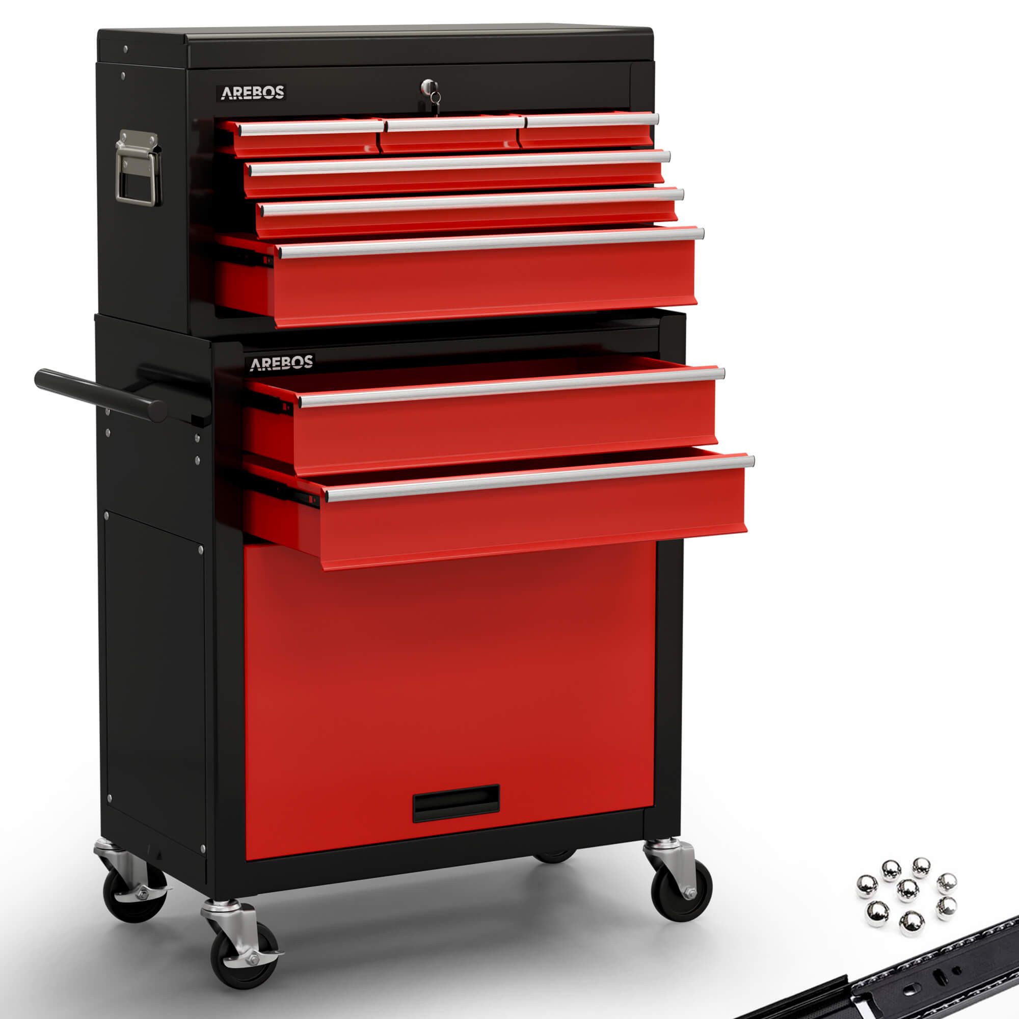 Arebos Тележка для мастерских 9 Fächer, Transportwagen Werkzeug Rollwagen Werkzeugkasten, schwarz/rot, mit Antirutschmatten, Kratzresistent, pulverbeschichtet