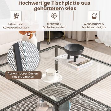 COSTWAY Couchtisch, Glas, 2 Ebenen mit Stauraum, Netzregal, Metall 70x70x45cm