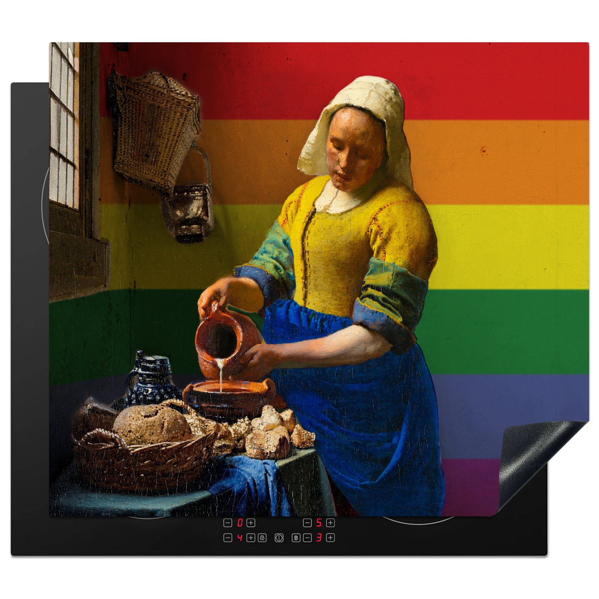 MuchoWow Herdblende-/Abdeckplatte Milchmädchen - Vermeer - Flagge des Stolzes, Vinyl, (1 tlg), 59x52 cm, Ceranfeldabdeckung für die küche, Induktionsmatte