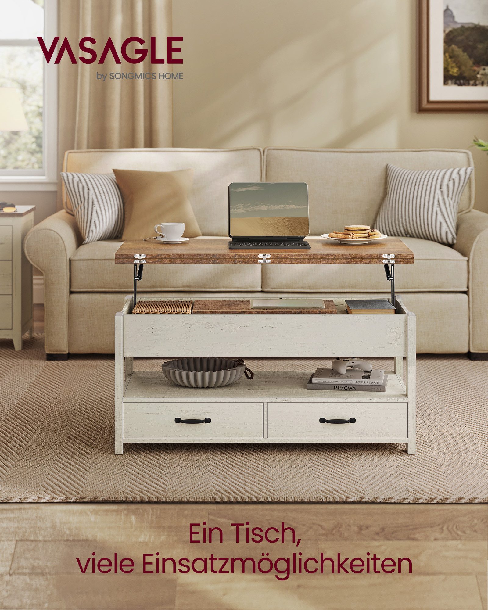 VASAGLE Couchtisch höhenverstellbar, Wohnzimmertisch, viel Stauraum, rechteckig (Doppel-Hebemechanismus, inkl. Zubehörpaket & Anleitung), Multifunktion, aufklappbar, Schubladen Landhausstil