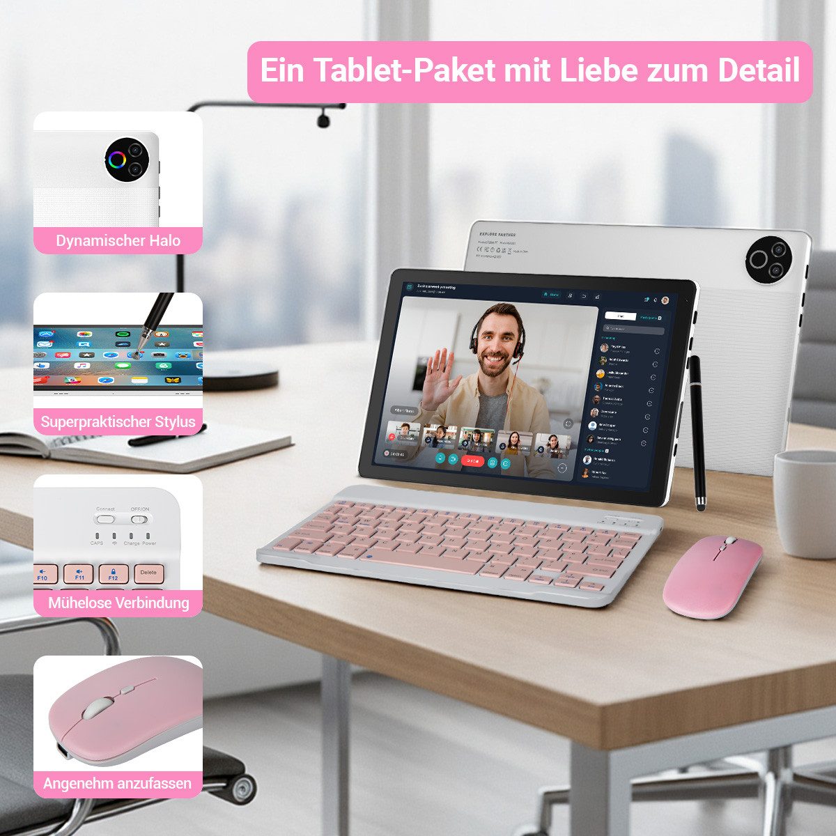 Happybe 10’’ HD Android 15, 20(3+17)GB RAM, 64GB, WiFi6 mit Tastatur und Stift Tablet (10", 64 GB, Android, WiFi6, Großbs Display Tablet mit Stift, Tastatur und Maus, Widevine L1)