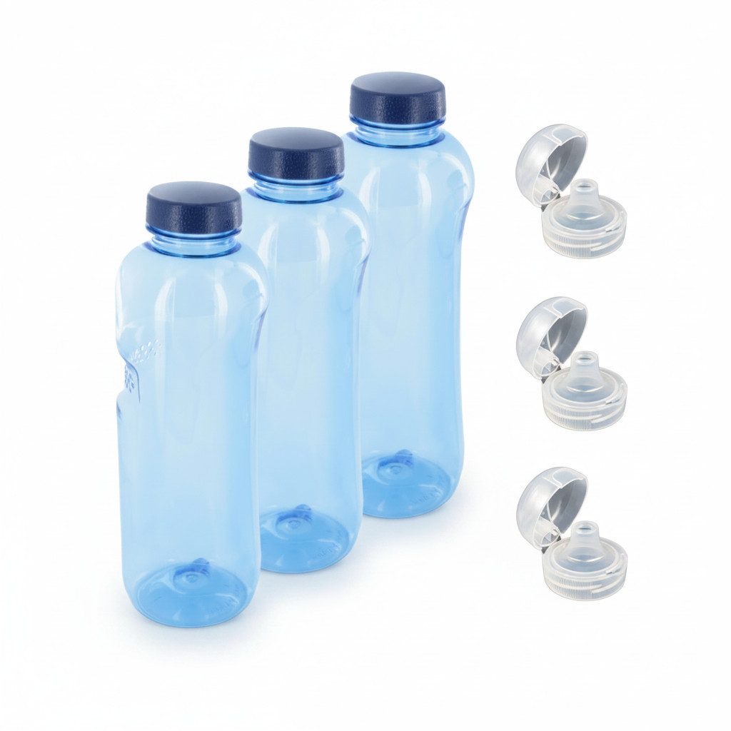 Greiner Trinkflasche, 3 x 1 L Wasserflasche Tritan BPA frei + 3 x Trinkdeckel Flip Top