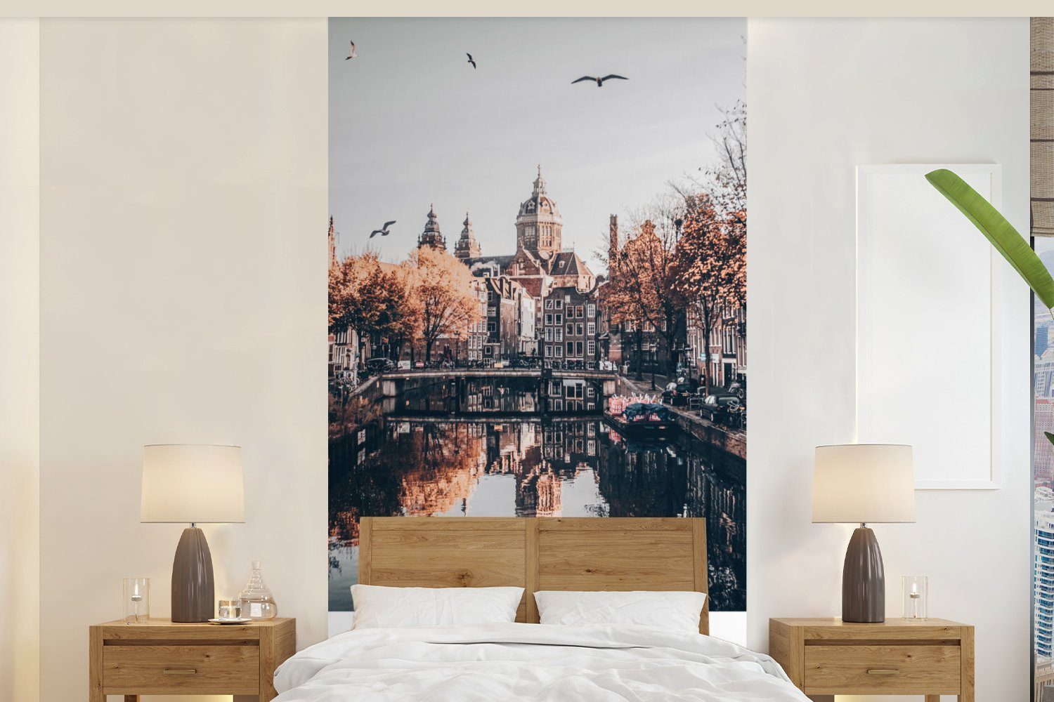 Küche, Matt, - St), Schlafzimmer Architektur Bäume, für (2 bedruckt, MuchoWow Amsterdam - Fototapete Fototapete Niederlande - Vliestapete Wohnzimmer