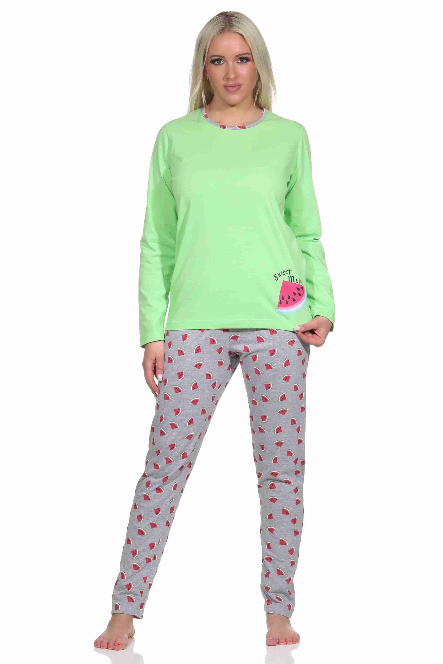 Normann Pyjama Damen Schlafanzug lang mit Melone als Motiv, Hose allover bedruckt grün