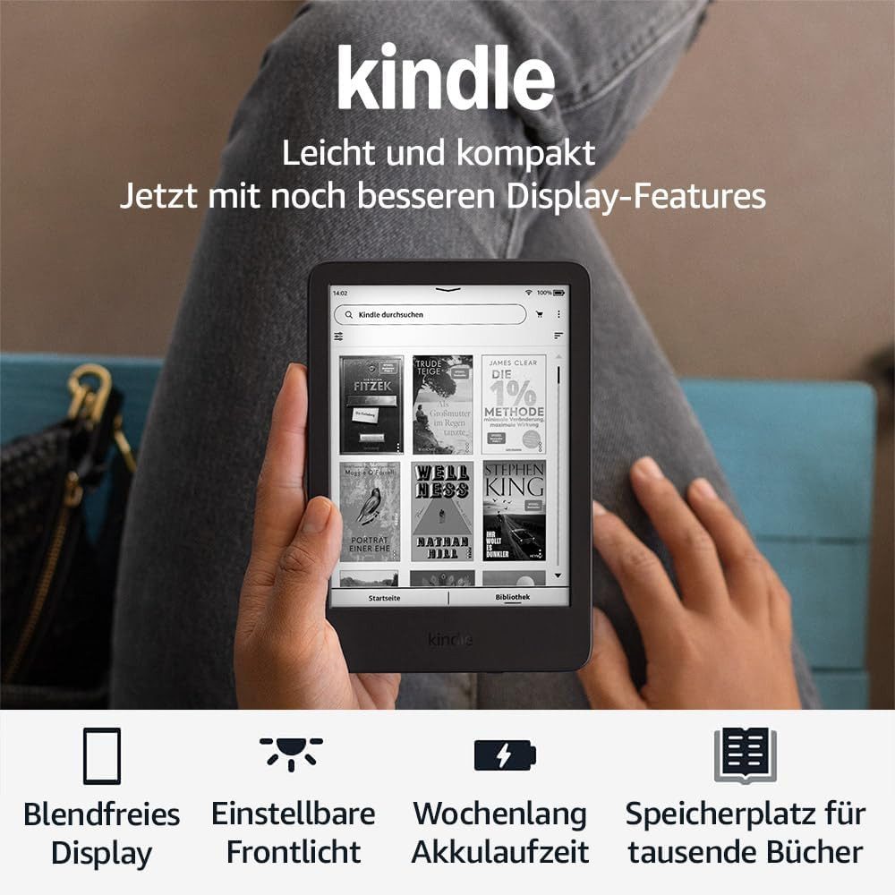 Kindle (Neuste Generation) Das leichteste & kompakteste E-Book (6", 16 GB, blendfreier Bildschirm, schnelleres Umblättern, lange Akkulaufzeit)