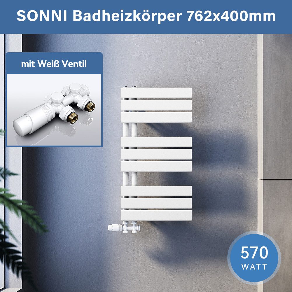 SONNI Badheizkörper Badheizkörper Weiß Heizkörper Design Handtuchtrockner Bad Warmwasser, ohne/mit Multiblock, flach, Mittelanschluss seitlich