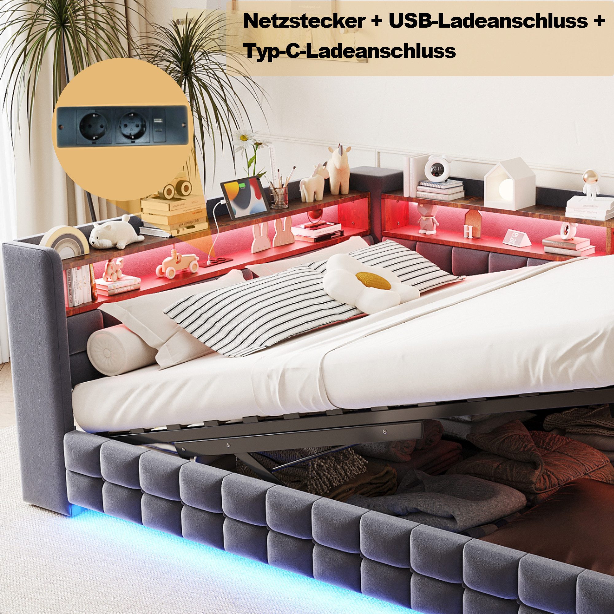 Merax Daybett mit LED-Beleuchtung und USB-Ladeanschlüssen (Jugendbett Kinderbett Einzelbett Sofabett aus Samtstoff, 1 tlg), Polsterbett Tagesbett 140x200cm mit  – Bild 5 von 5