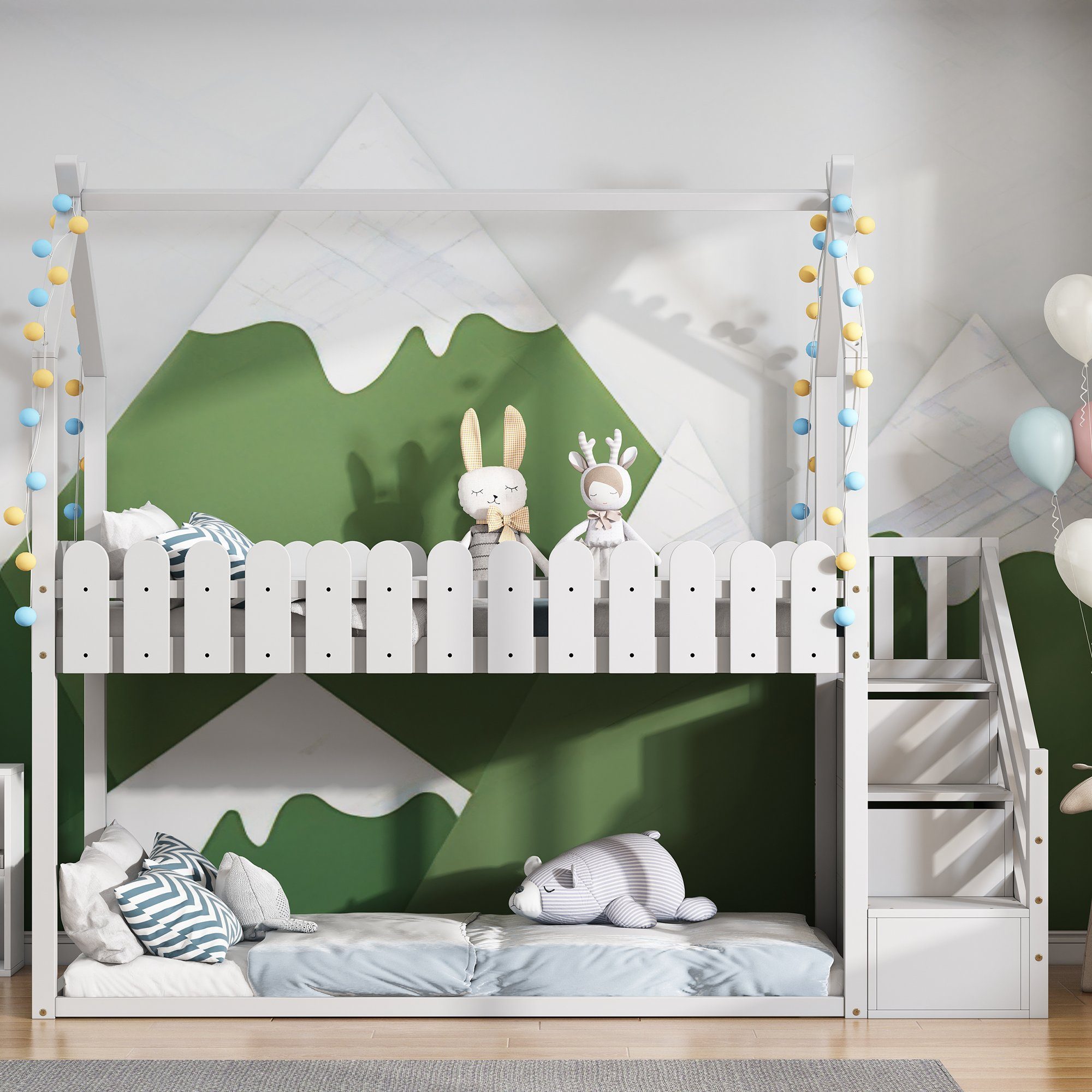 Etagenbett (Hochbett 90x200 mit zwei Schubladen), Kinderbett Hausbett mit Treppe, Rausfallschutz und Lattenrost, Kiefer