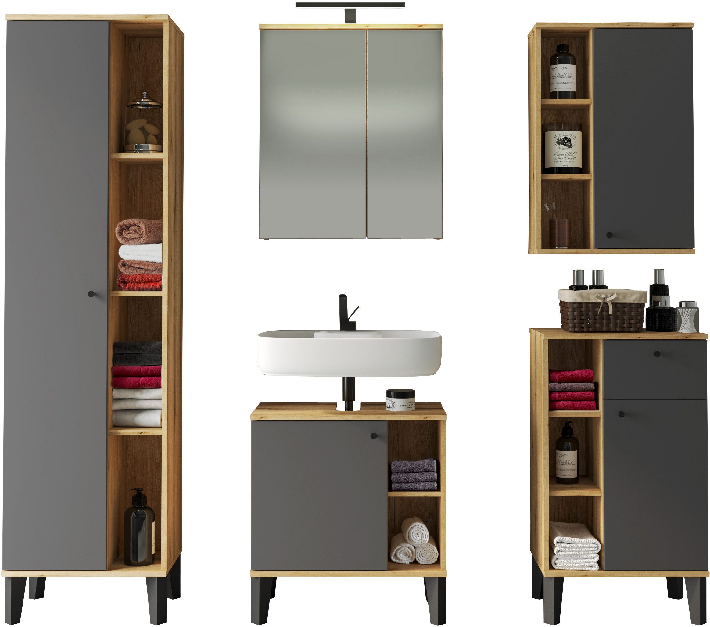 Home affaire Badmöbel-Set OSLO, Bad im skandinavischen Design, 5-teiliges Badezimmer, (Set, 5-St), Badschränke und Spiegel, in zwei Farben verfügbar, viel Stauraum