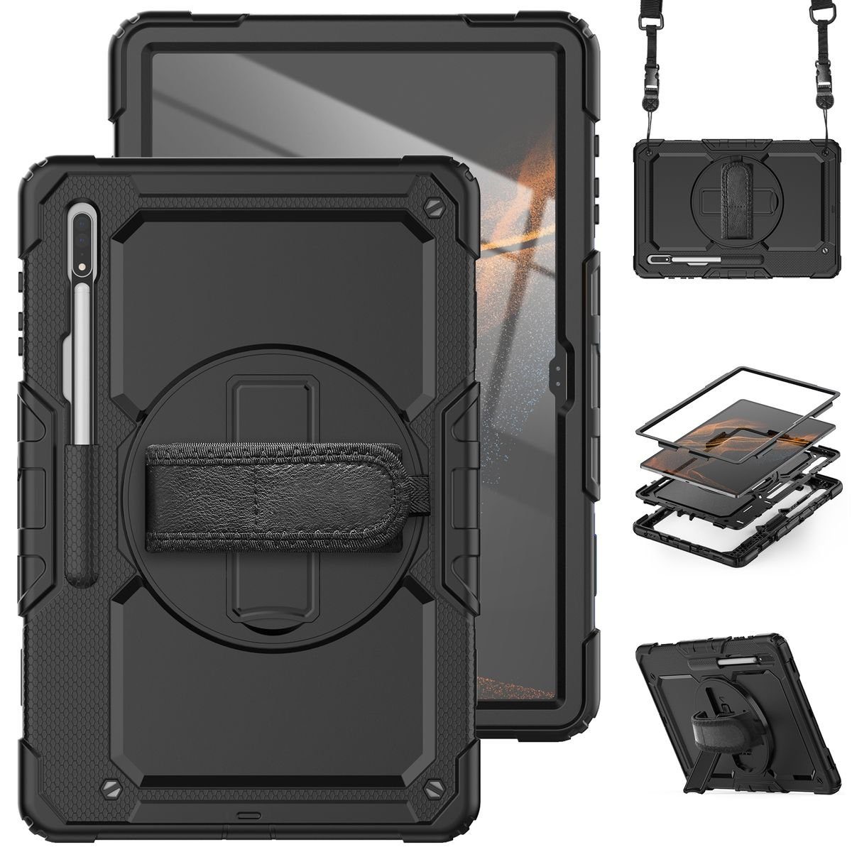 Wigento Tablet-Hülle Für Galaxy Tab S9 Ultra / S8 Ultra Outdoor Hybrid  Schwarz 360 Grad