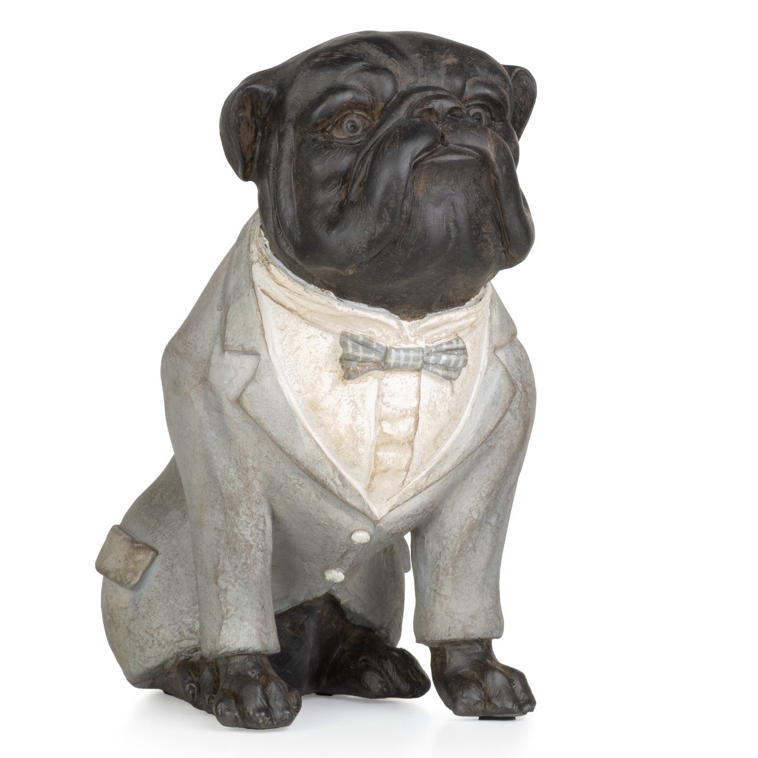 Dekofigur Deko-Figur Mops Hund im grauen Anzug mit Fliege sitz aus Polyresin