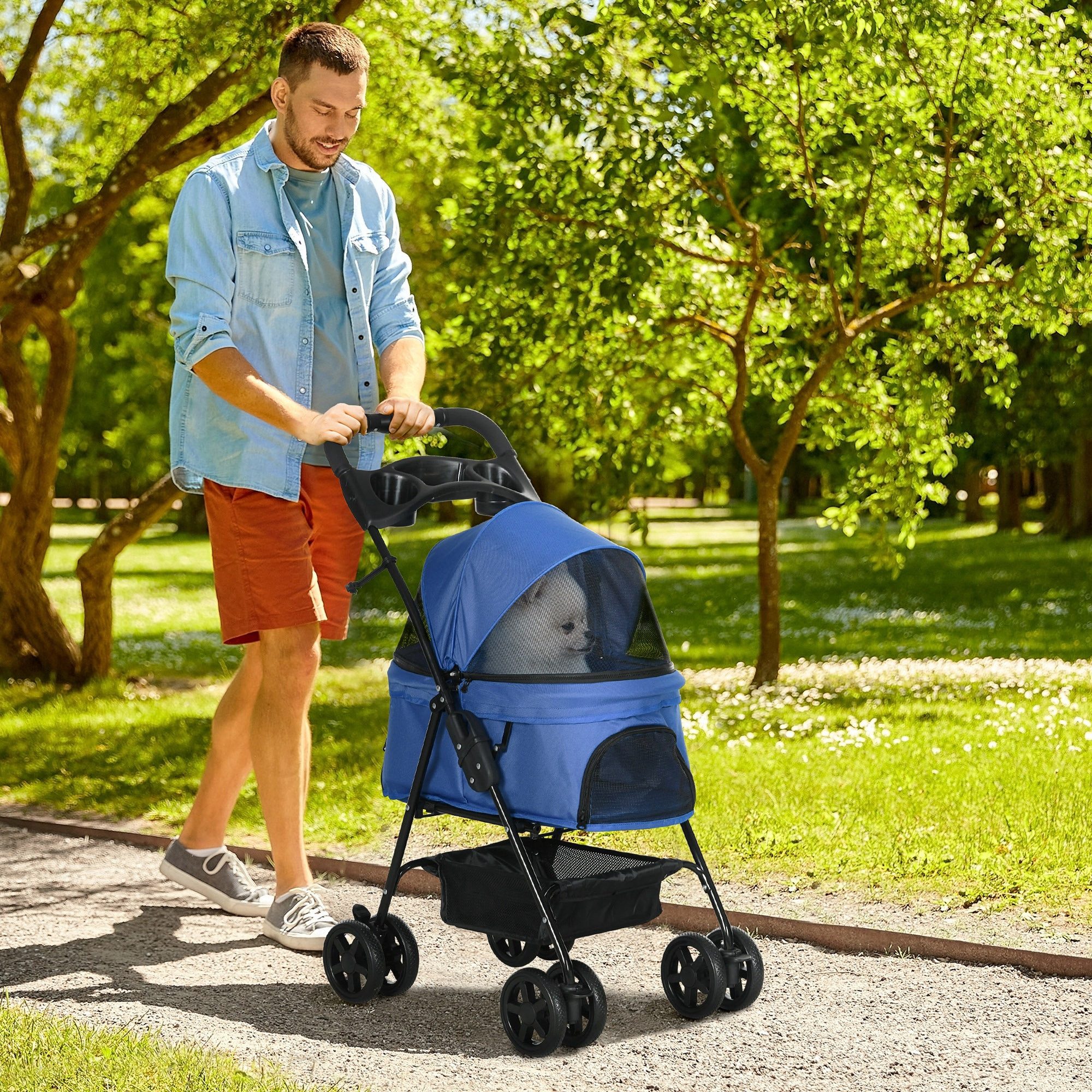 PawHut Hundebuggy Hundewagen klappbar bis 4 kg Katzenbuggy mit Netzfenster, (Haustierwagen, 1-tlg), für kleine Hunde und Katzen, Oxford Blau 67 x 45 x 96 cm