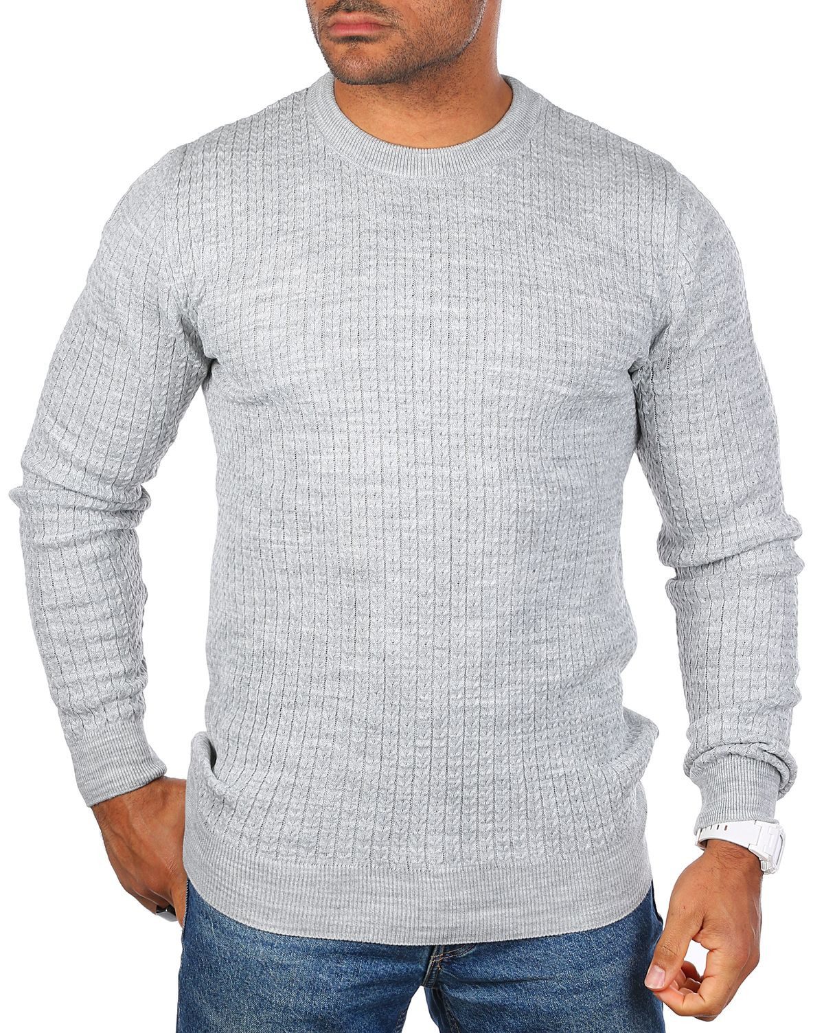 Strickpullover Herren leichter Feinstrick Karo Strickmuster einfarbig uni 7937