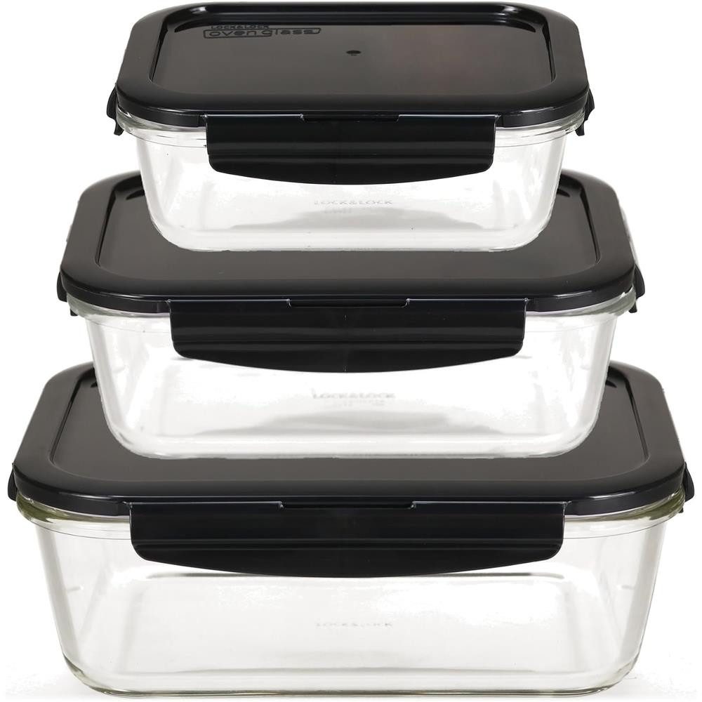 LocknLock Vorratsdose Glas Frischhaltedosen 3er Set 630 ml, 1000 ml, 2000 ml, Ofenform mit Deckel, mikrowellengeeignet, auslaufsicher