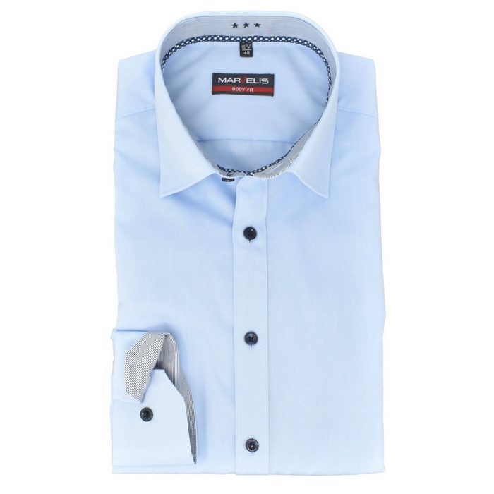 MARVELIS Kurzarmhemd Businesshemd - Body Fit - Langarm - Einfarbig - Hellblau mit Kontrastknöpfen