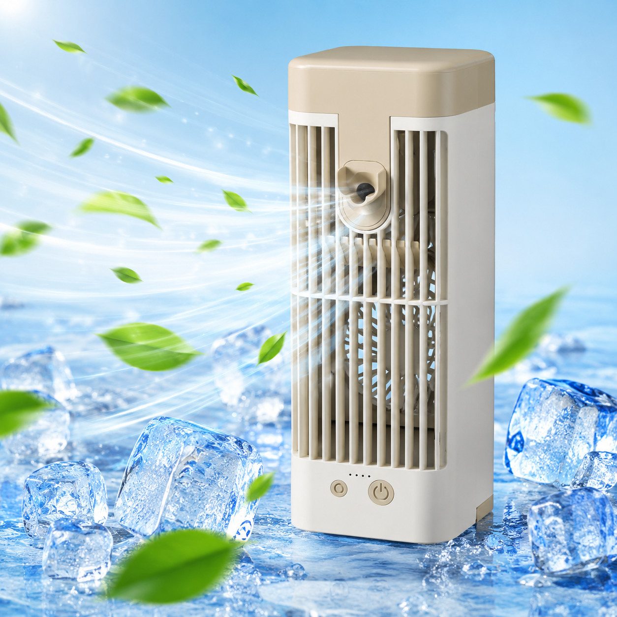 MOPUEA Ventilatorkombigerät Mini-Klimaanlage mit Befeuchtungsfunktion 3 Geschwindigkeitsstufen, Schreibtischventilator mit Zerstäuber