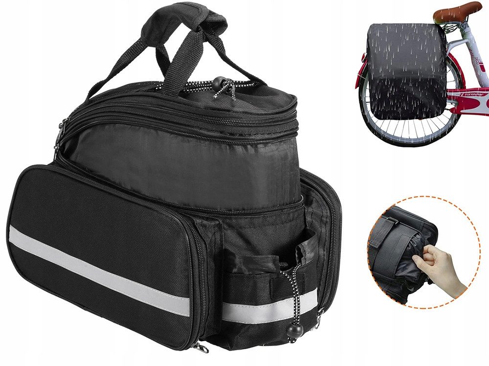 Verkgroup Gepäckträgertasche Großes Fahrradtaschen-Set mit 3 Fächern und Regenhülle (Multifunktionales Fahrradtaschen-Set für Gepäckträger, Fahrradtasche mit Regenhülle und Schultergurt, ideal für Touren), Reflektierend, erweiterbares Hauptfach, Regenhülle, Schultergurt