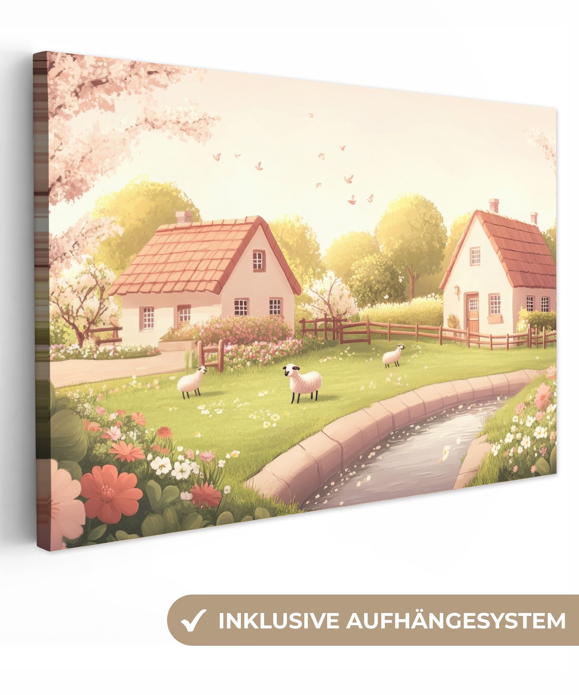 OneMillionCanvasses® Leinwandbild Schafe - Hütte - Landleben, Fotodruck (1 St), Leinwand Bilder Klein, Wand Dekoration Aesthetic 30x20 cm