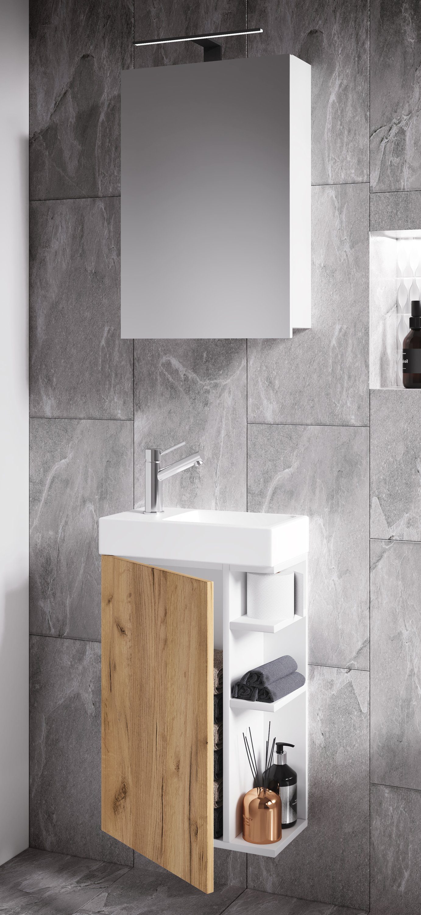 VCM Badmöbel-Set 3 teilig Badmöbel Gäste WC Waschtisch Lumia, (Komplett-Set, 3-St., 1x Unterschrank 1x Waschbecken 1x Spiegelschrank)