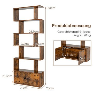 COSTWAY Bücherregal 6 Ebenen Standregal, 183 x 70 x 23 cm, aus Holz