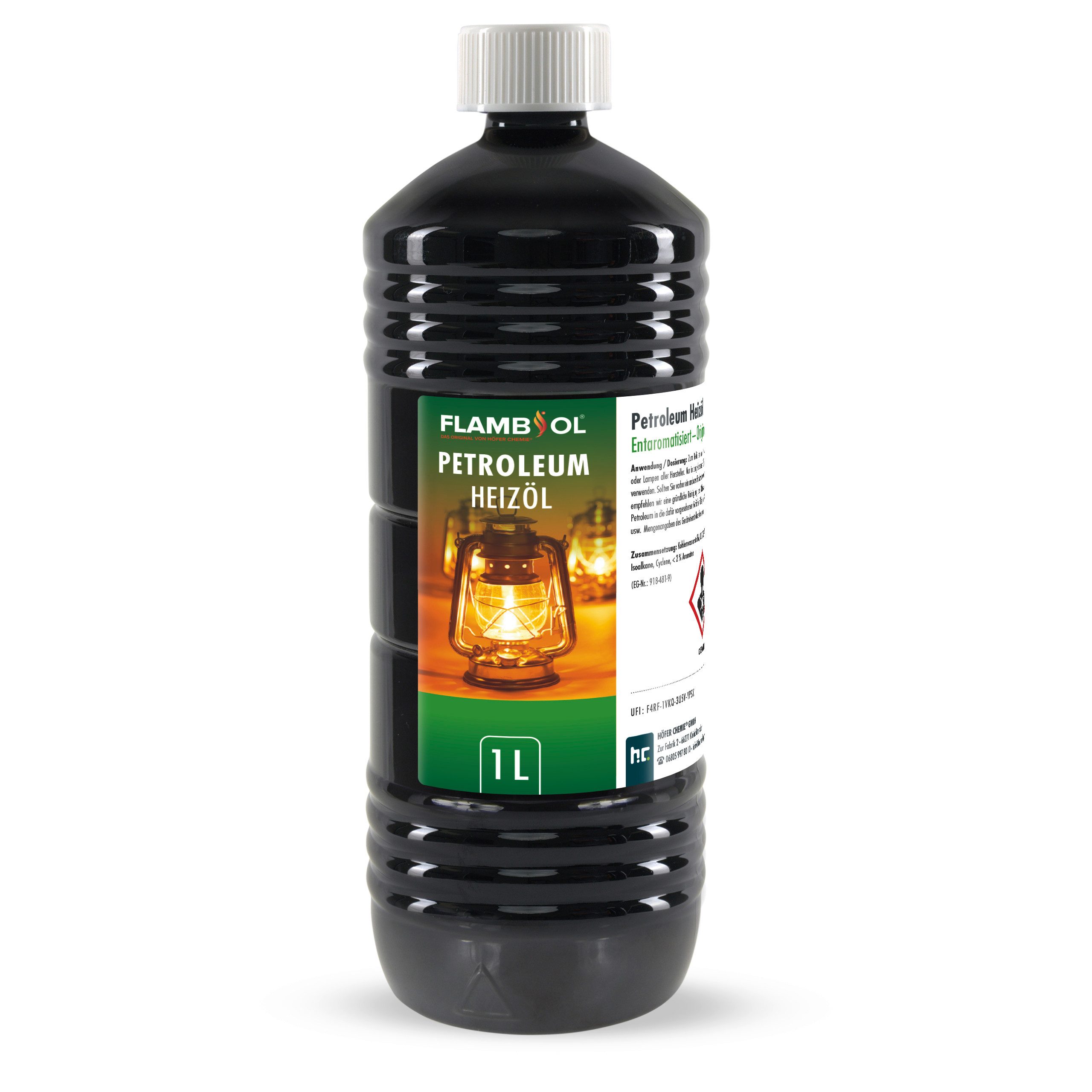 Höfer Chemie GmbH Petroleum 1 L FLAMBIOL® Petroleum Heizöl in Flaschen, 1 l, (1-St), Sauberer Brennstoff für Öfen und Heizungen