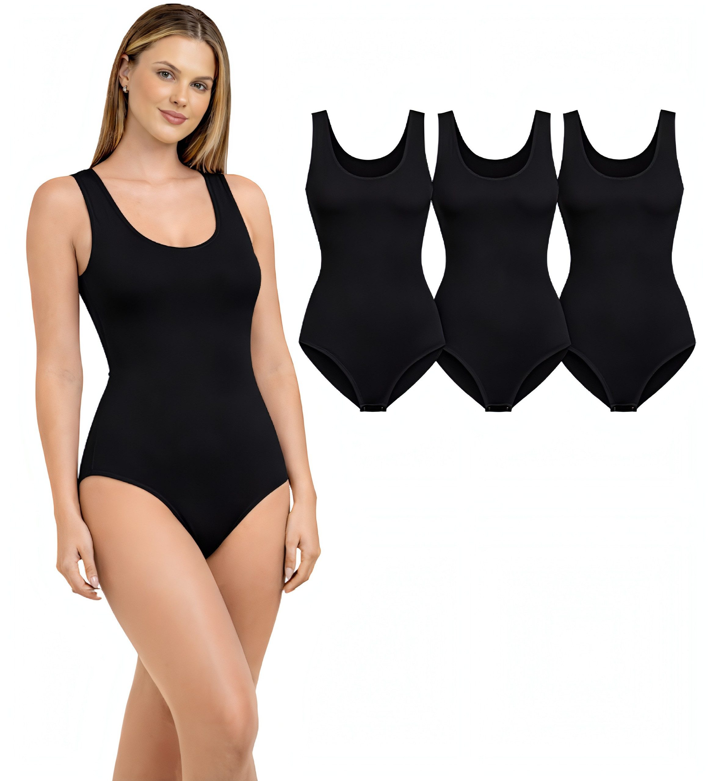 fashionshowcase Body Damen Trägerbody 3er Pack Baumwolle Stretch mit Hakenverschluss (3-tlg) glatte Verarbeitung für unsichtbares Tragen unter Kleidung