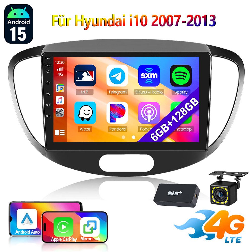 ESSGOO DAB+ Autoradio Für Hyundai i10 PA 2007-2013 6+128G Android 15 Carplay Autoradio (RDS, Digitalradio (DAB), FM, AM, 6+128G, Carplay Android Auto Bluetooth EQ USB GPS Navi WIFI Touchscreen)