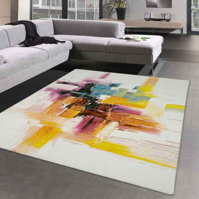 Teppich Bunter Designerteppich Wohnzimmer, abstrakt mehrfarbig creme gelb, Carpetia, rechteckig, Höhe: 13 mm, Pflegeleicht