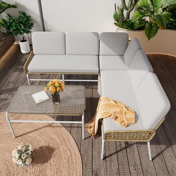 Merax Gartenlounge-Set für 5 Personen mit Stahlrahmen, (3-tlg., 1 3-Sitzer Sessel, 1 2-Sitzer Sessel, 1 Couchtisch), Balkonset Rope Lounge, Gartenmöbel Set Landhaus, Sitzgruppe