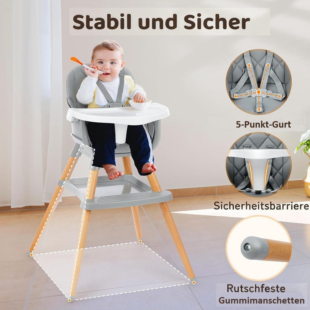 Ezebaby Kinderstuhl 6-in-1 multifunktionaler Kinderstuhl, mit Ablage, Barhocker