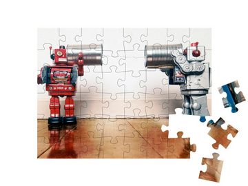 puzzleYOU Puzzle Retro-Roboter im Gespräch am Dosentelefon, 48 Puzzleteile, puzzleYOU-Kollektionen Nostalgie