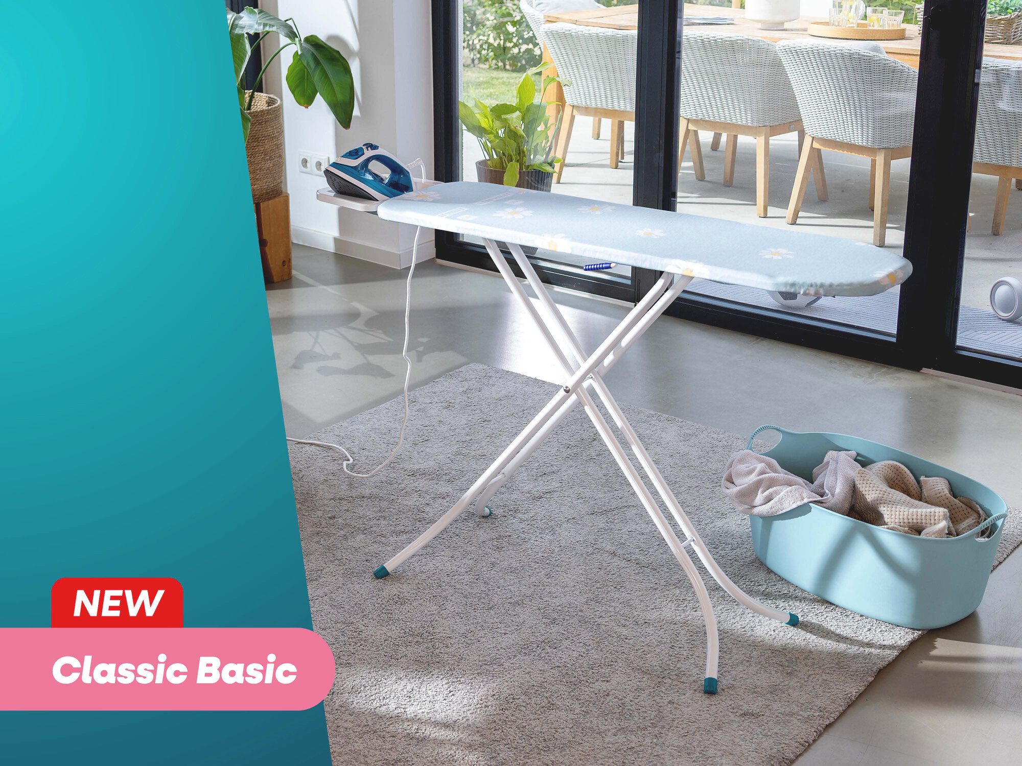 Leifheit Bügelbrett Bügeltisch Classic S Basic, Bügelfläche 30.0x110.0 cm, Höhenverstellbar, 110 x 30 cm, feste Bügeleisenablage, florales Design