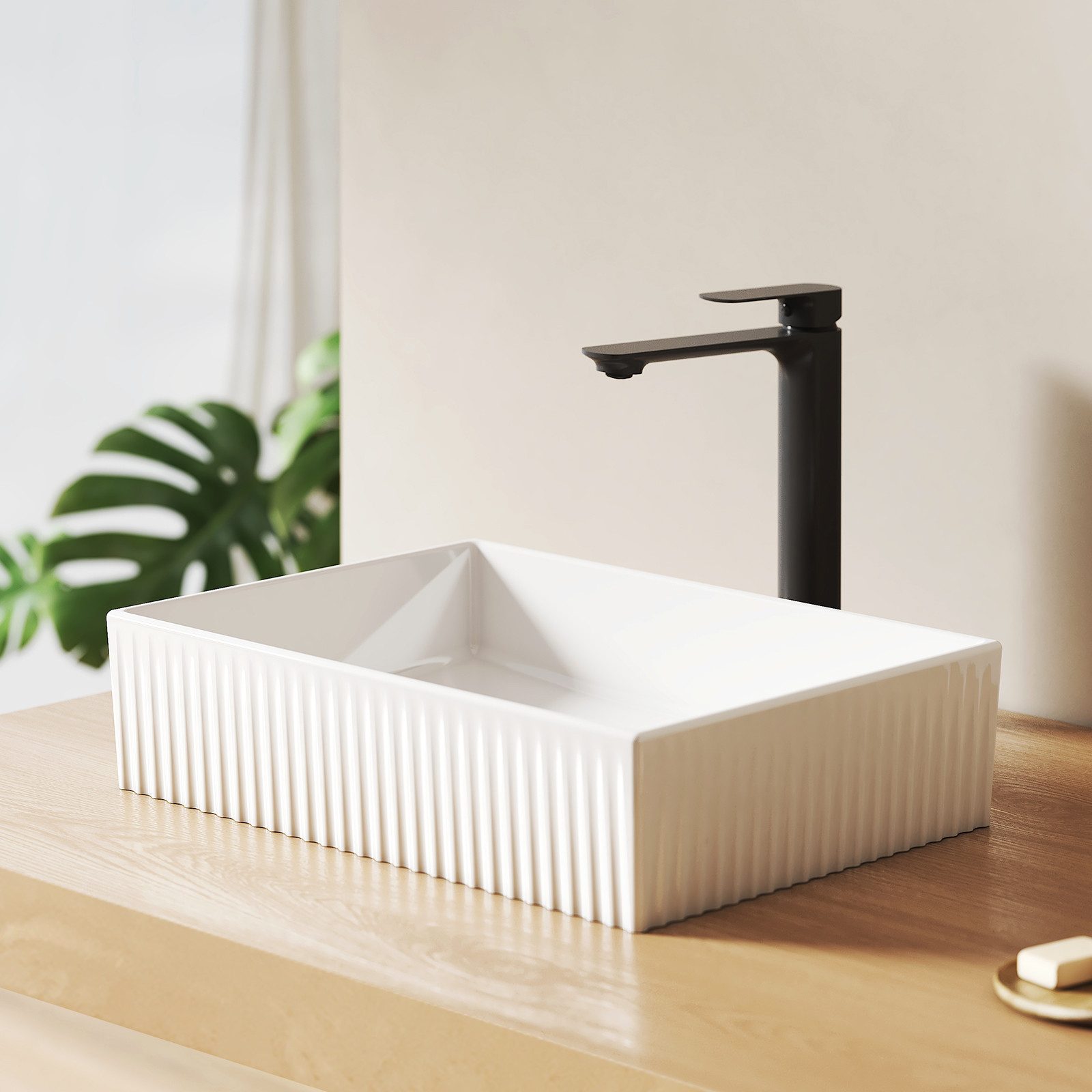 EMKE Aufsatzwaschbecken Keramik Aufsatzwaschbecken 45×32 cm – quadratisch mit Rillen Design
