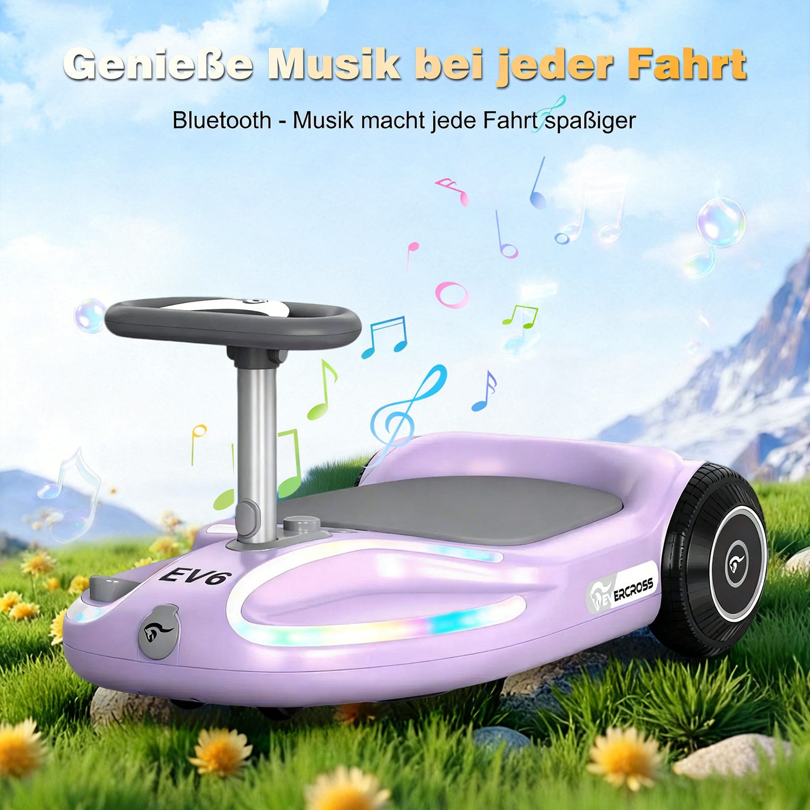 EVERCROSS TECH Elektro-Kinderauto EV6 Elektrisches Rutschauto mit 360°-Drehung & Bluetooth-Musik, 3-Gang-Modi, 25,2V Akku, Maximal 9 km/h,100+ Lichtmoden