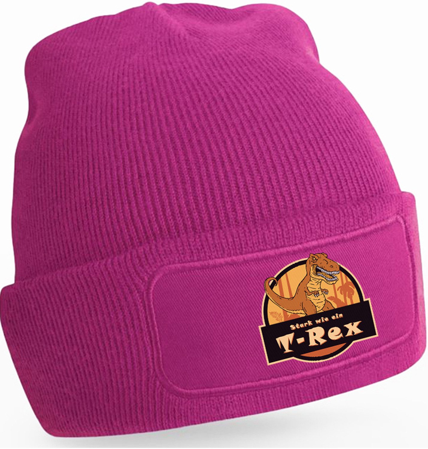 MyDesign24 Beanie Winter Strickmütze mit Umschlag und stylischem Print Dino Mütze Wintermütze für Männer, Frauen, Jungen und Mädchen i91