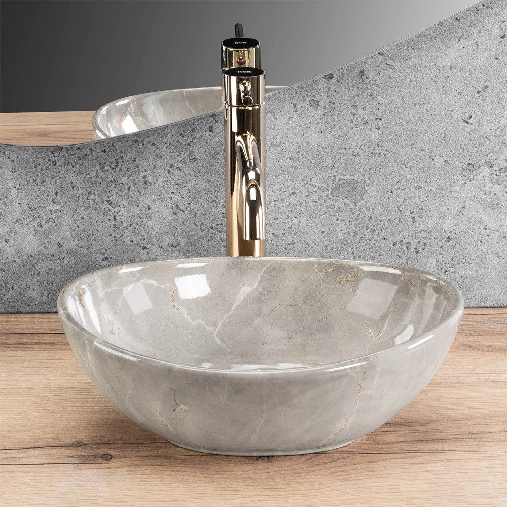 wohnwerk.idee Aufsatzwaschbecken Waschtisch Keramik Waschbecken Marmoroptik GästeWC/Gästebad Mini Beige