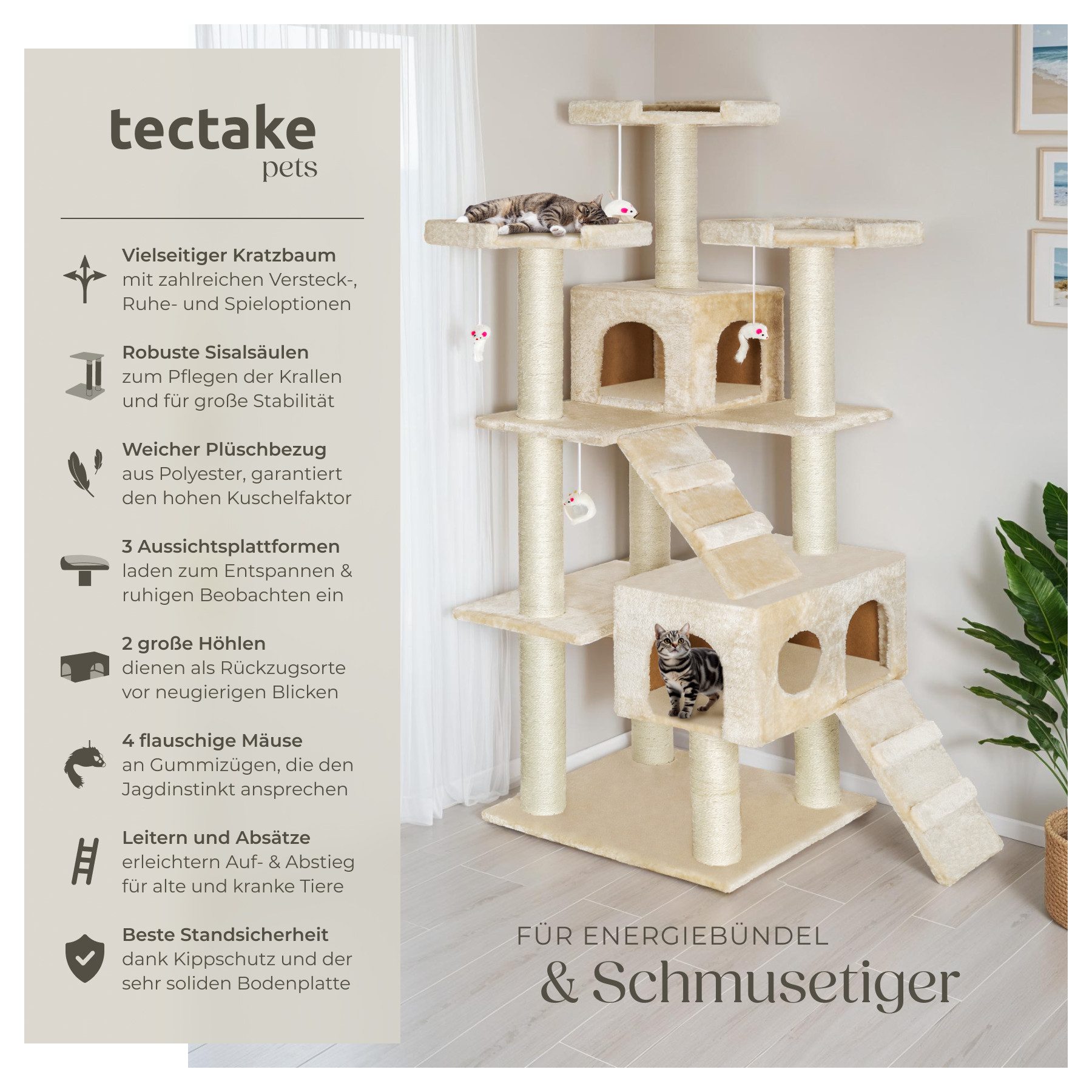 Thumbnail - tectake Kratzbaum Katzenbaum Knuti 186 cm Diverse Farben (Beige), Vielseitig mit robusten Sisalstangen und Plüschoberflä...