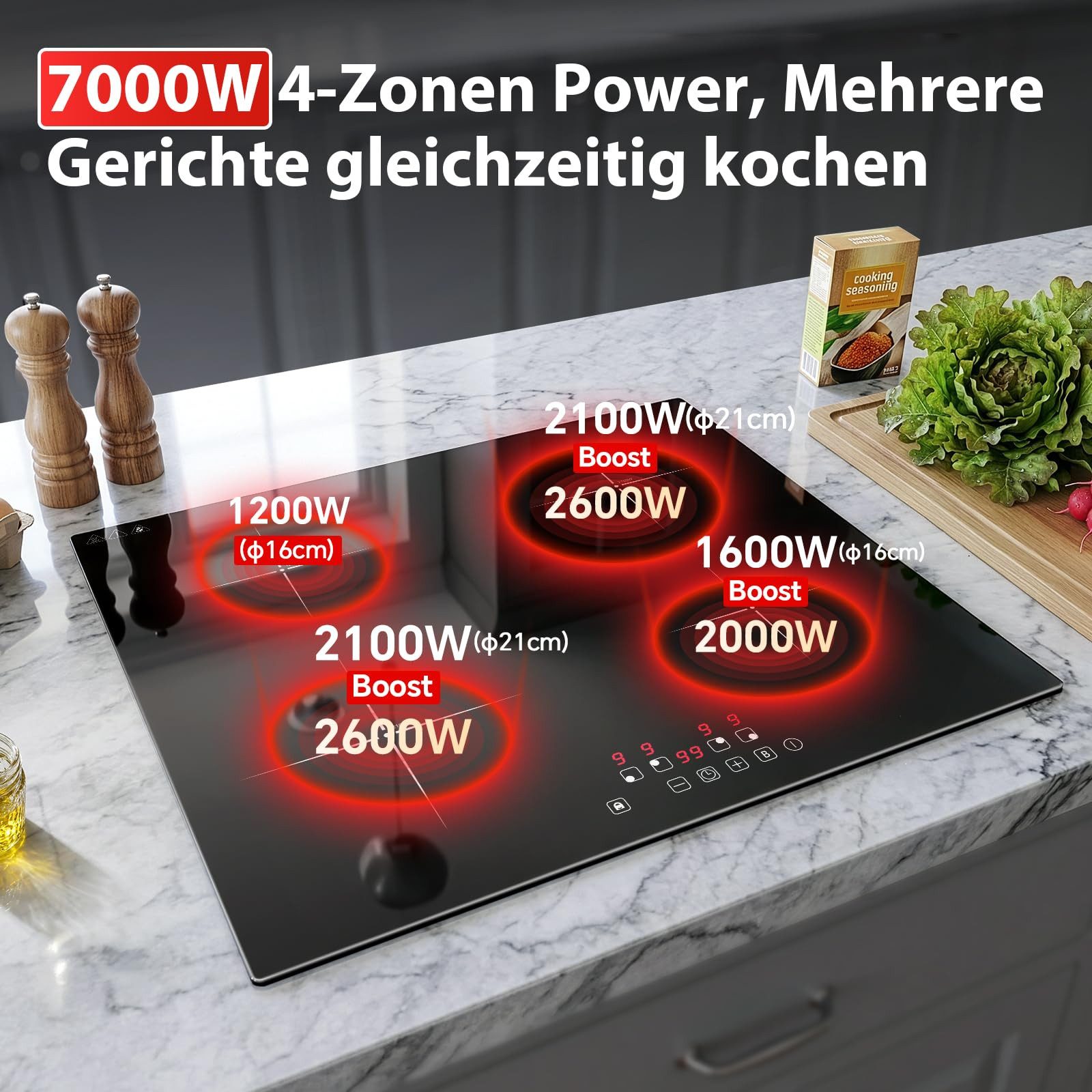 SNDOAS Elektro-Kochfeld, Induktionskochfeld 4 Platten 7000W, 60 cm, für Alle Töpfe