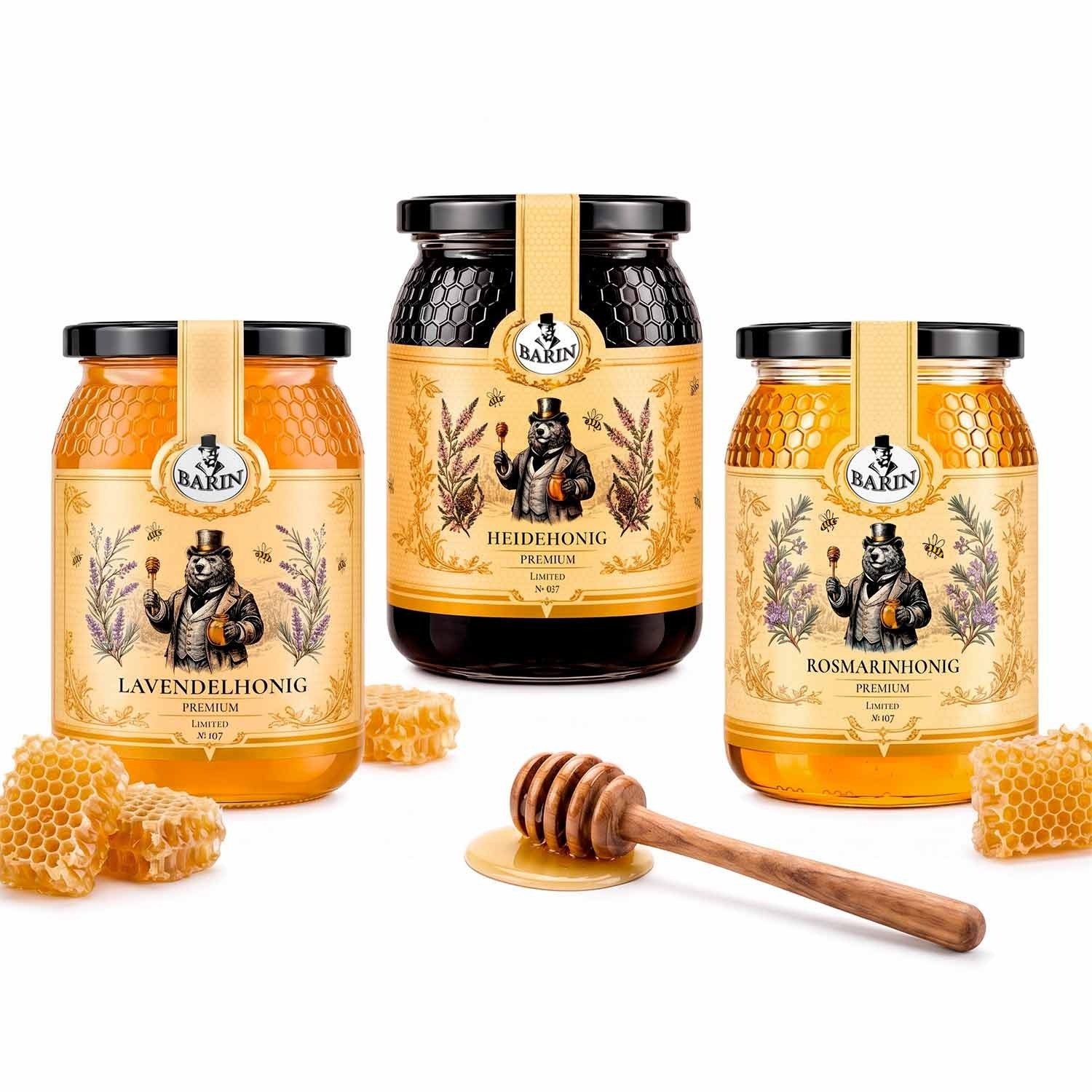 BARIN Honig Genuss Set – Heide, Lavendel & Rosmarin, 1 x 1500 g, 3 St. (Naturbelassen & ohne Zusatzstoffe, Aromatisches Sortenhonig-Trio aus Portugal), Im Glas
