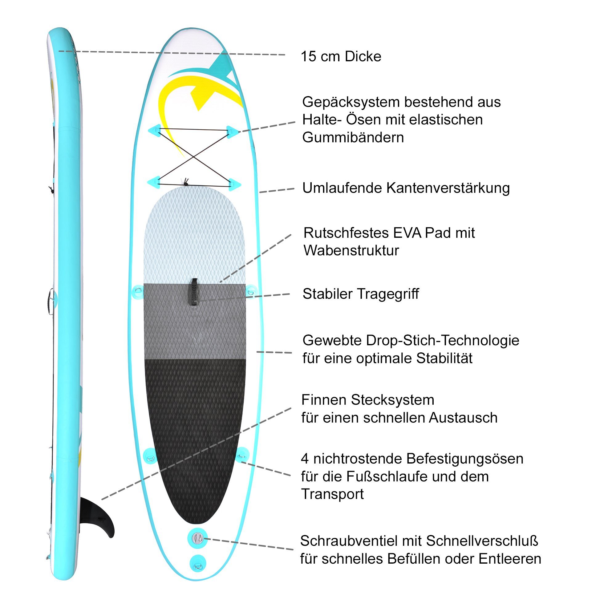 NEMAXX Inflatable SUP-Board, Nemaxx Surf-Board zu inkl. aufblasbar 320x78x15cm, Stand türkis/gelb Paddel - - up - & Board Tasche, PB320 Paddle transportieren Surfbrett, leicht
