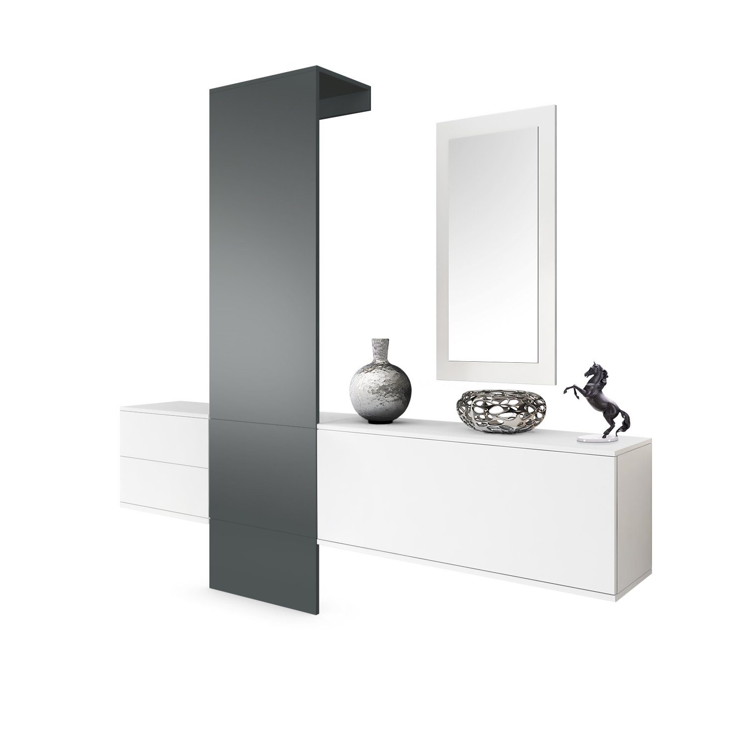 Vladon Garderoben-Set Carlton Set 1, (Wandgarderobe bestehend aus, 1 Paneel, 1 Schubkastenschrank, 1 Schrankmodul und 1 Spiegel), Weiß matt/Graphit seidenmatt (208 x 193 x 35 cm)