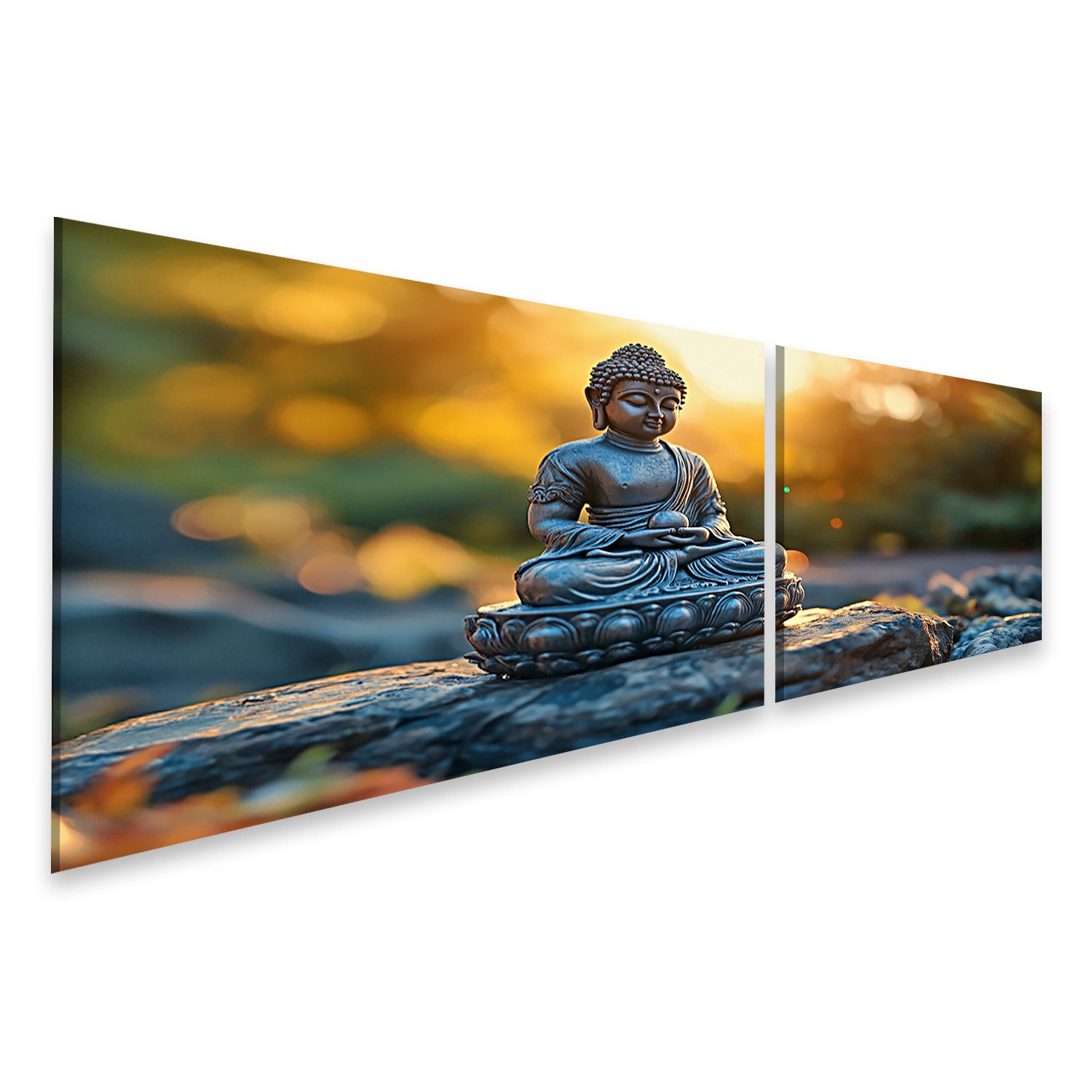 islandburner Leinwandbild Buddha Statue bei Sonnenuntergang im Garten