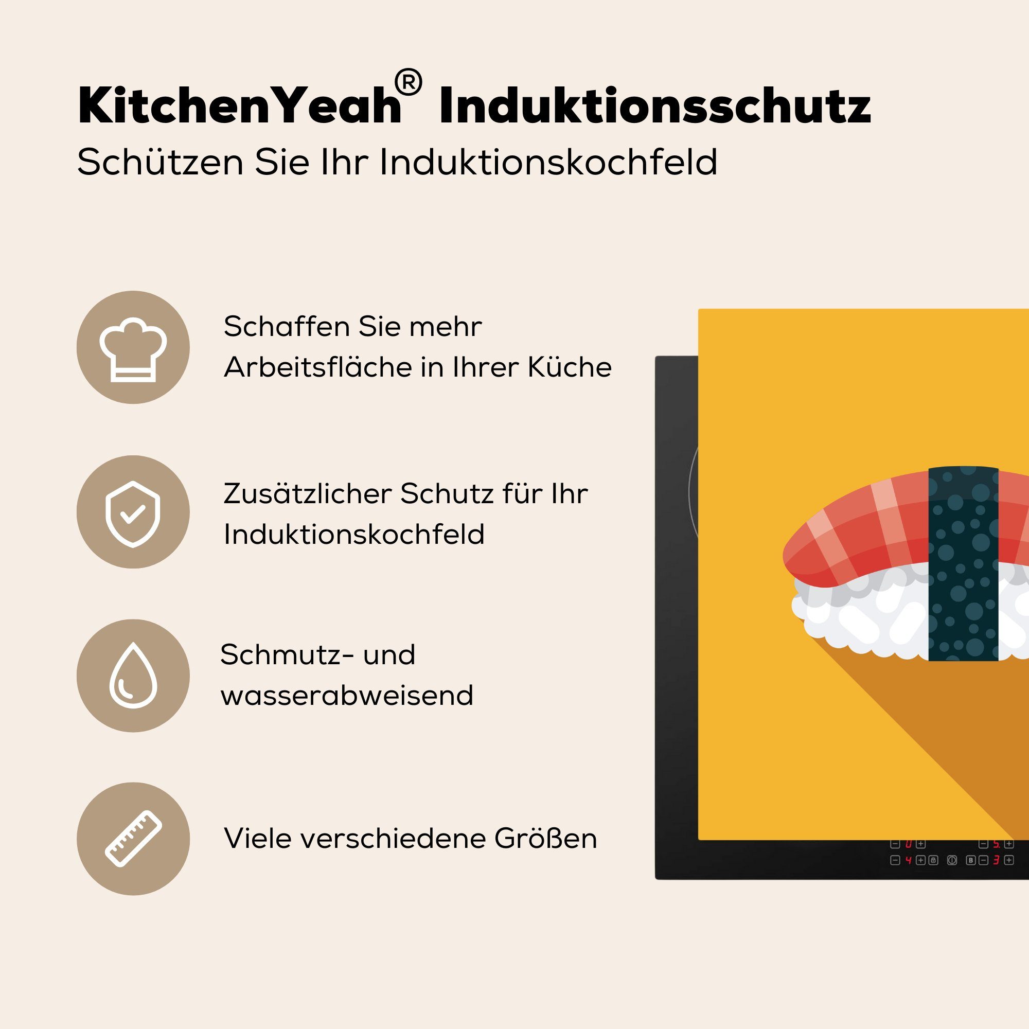 cm, Illustration Herdblende-/Abdeckplatte Arbeitsplatte für Sushi (1 mit MuchoWow Vinyl, Ceranfeldabdeckung, gelbem 78x78 auf tlg), Schatten küche Hintergrund,